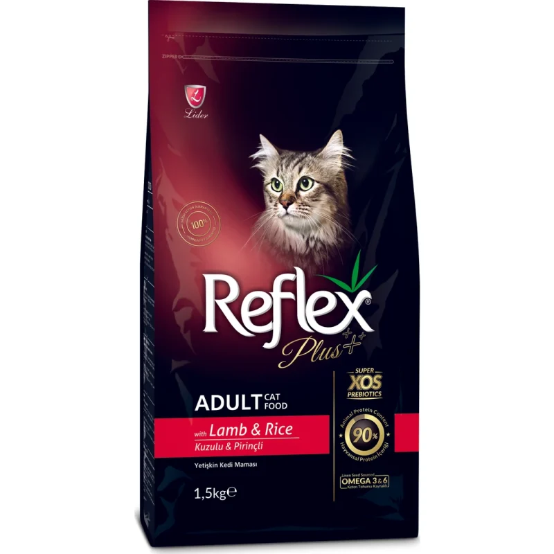 Reflex Plus kuzu etli ve pirinçli yetişkin kedi maması 1,5 kg ambalaj görseli