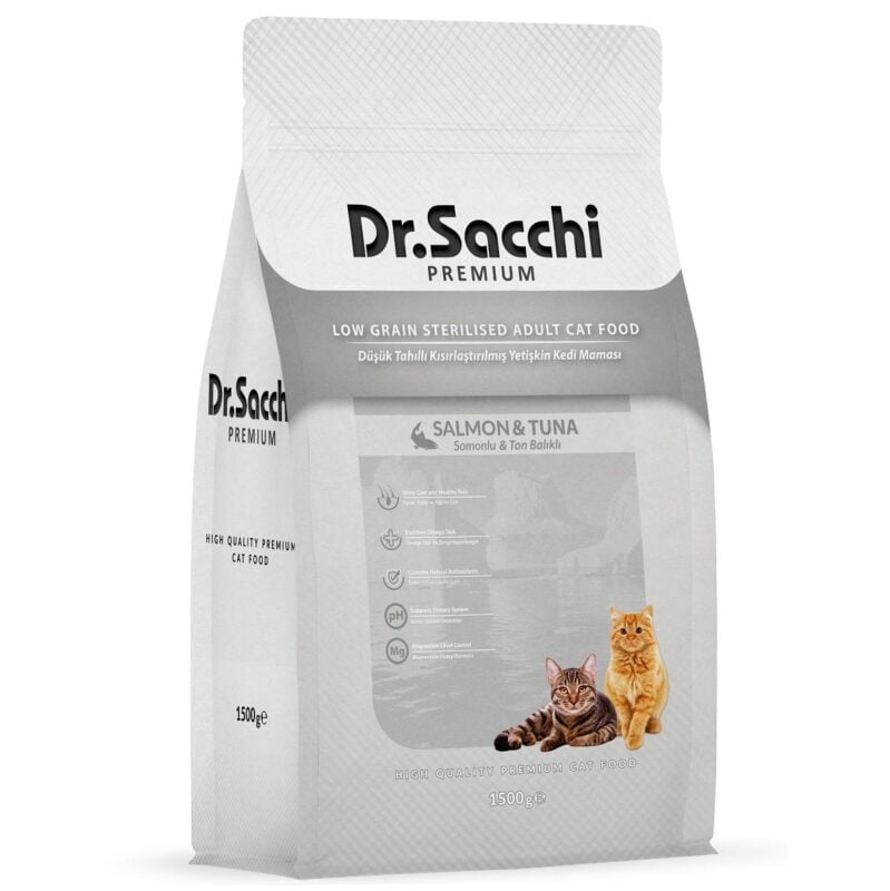 Dr. Sacchi Düşük Tahıllı Kısırlaştırılmış Yetişkin Kedi Maması Somon ve Ton Balıklı 1,5 kg