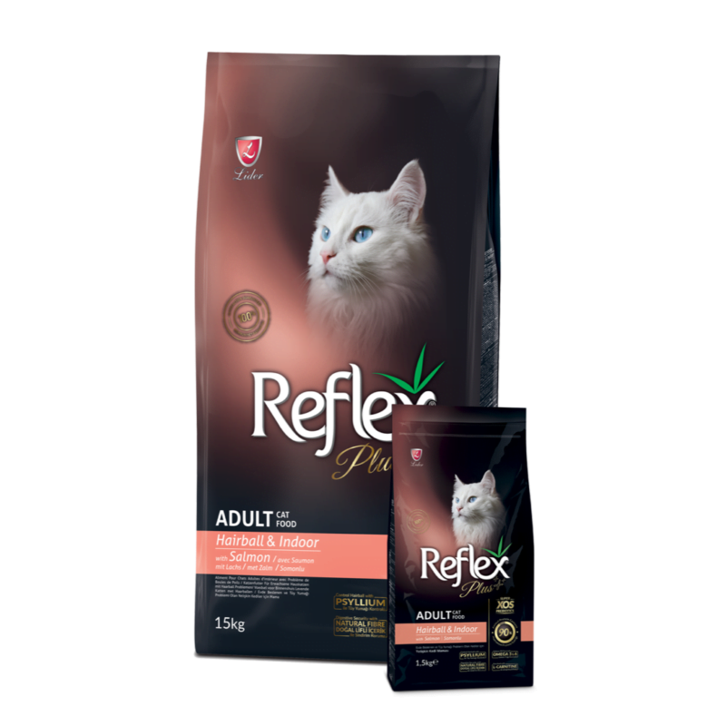Reflex Plus Somonlu Hairball & Indoor Yetişkin Kedi Maması 15 kg tüy yumağı önleyici iç mekan kedileri için