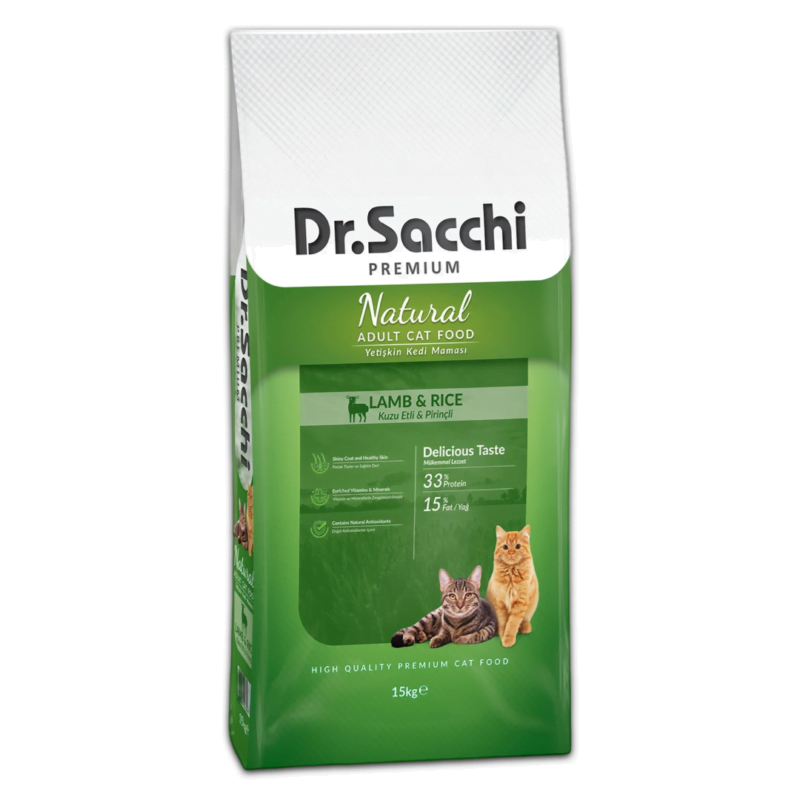 Dr. Sacchi Premium Natural Kuzu Etli ve Pirinçli Yetişkin Kedi Maması 15 kg