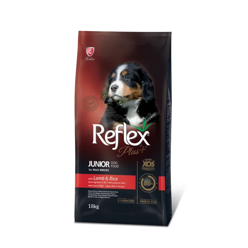 Reflex Plus Maxi Junior kuzu etli pirinçli büyük ırk yavru köpek maması 18 kg ambalaj görseli