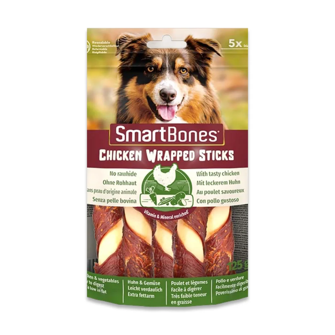 SmartBones Chicken Wrapped Sticks Medium 5’li Köpek SmartBones Chicken Wrapped Sticks Medium 5'li tavuk sarmalı köpek ödül çubuğu paketi