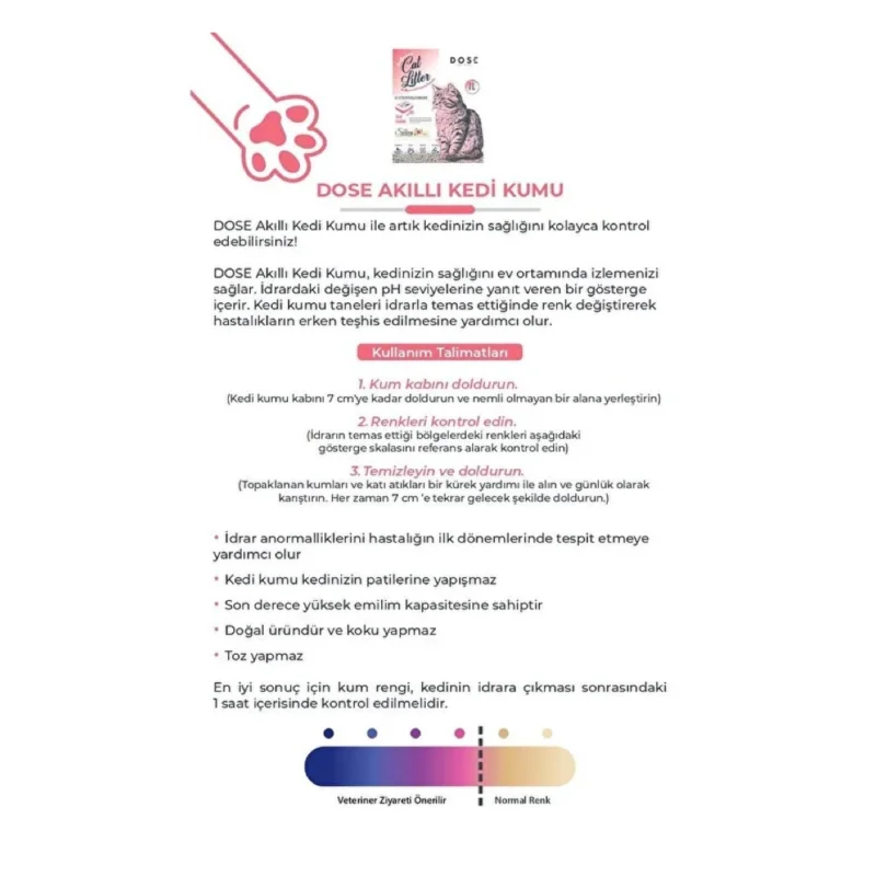 Dose Smart Cat Litter kedi kumu pH renk değişimi ile erken hastalık teşhisi sağlar, 7 L