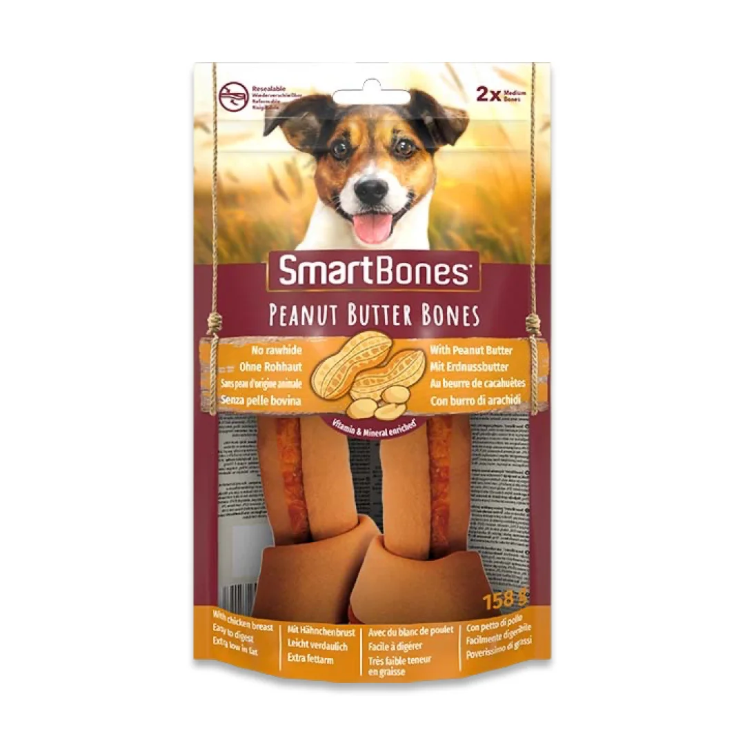 SmartBones Köpek Ödül Kemiği Yer Fıstığı Ezmeli Medium (2’li) 158 g Köpek SmartBones köpek ödül kemiği yer fıstığı ezmeli medium boy 2'li paket 158g köpek çiğneme kemiği