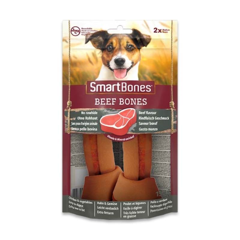 SmartBones sığır etli köpek ödül kemiği medium boy 2'li paket 158g, köpekler için lezzetli çiğneme kemiği