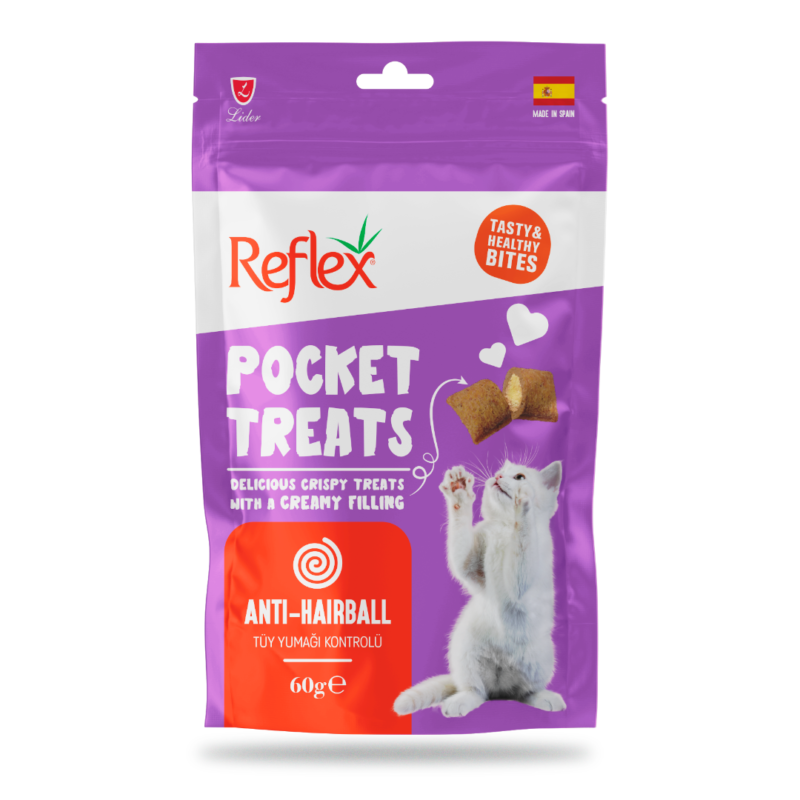 Reflex Pocket Treats tüy yumağı kontrolü destekleyici kedi ödül besini 60 g, sağlıklı ve lezzetli kedi atıştırmalığı