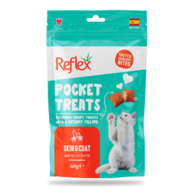 Reflex Pocket Treats deri ve tüy bakımı destekleyici kedi ödül besini 60g, sağlıklı tüy için lezzetli ödül