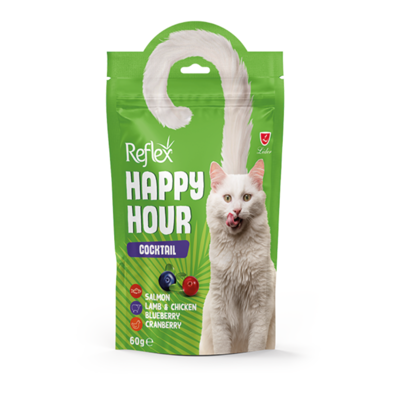 Reflex Happy Hour Cocktail somonlu, kuzulu, yaban mersinli ve kızılcıklı 60 g kedi ödül besini paketi