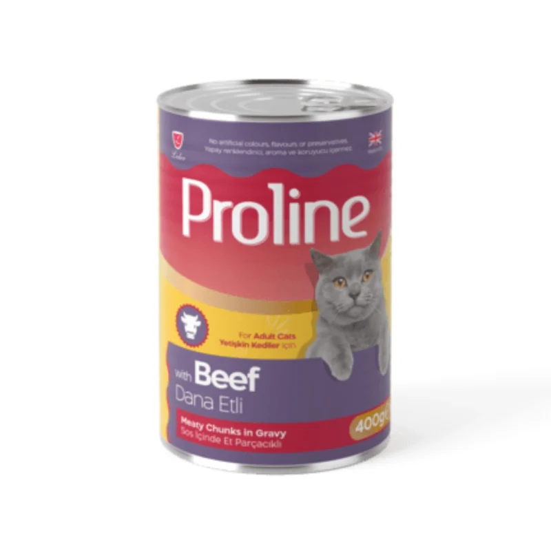 Proline dana etli, sos içinde et parçacıklı 400g yetişkin kedi konservesi