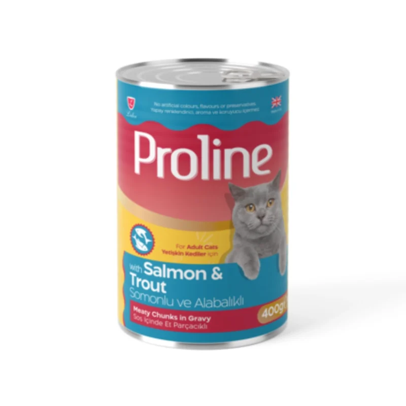 Proline somonlu alabalıklı soslu et parçacıklı yetişkin kedi maması konservesi 400g