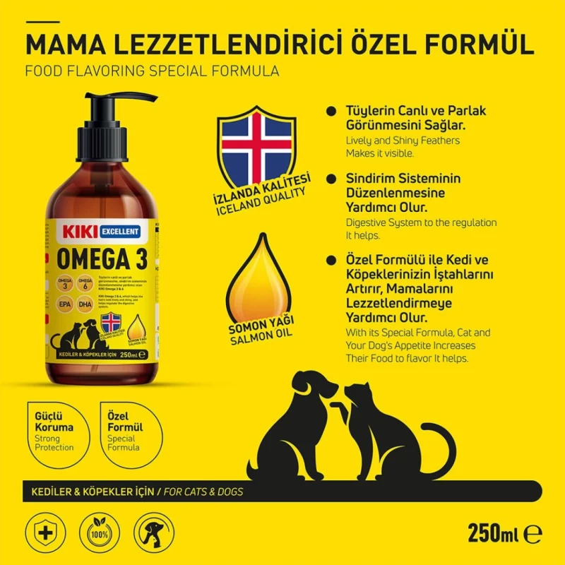 KIKI Excellent Somon Yağı 250 mL şişe arka görünüm, köpek ve kedi için Omega 3 balık yağı takviyesi