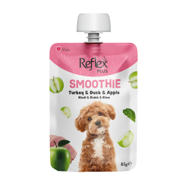 Reflex Plus Smoothie hindili ördekli elmalı yetişkin köpek sıvı ödül maması 85g poşet