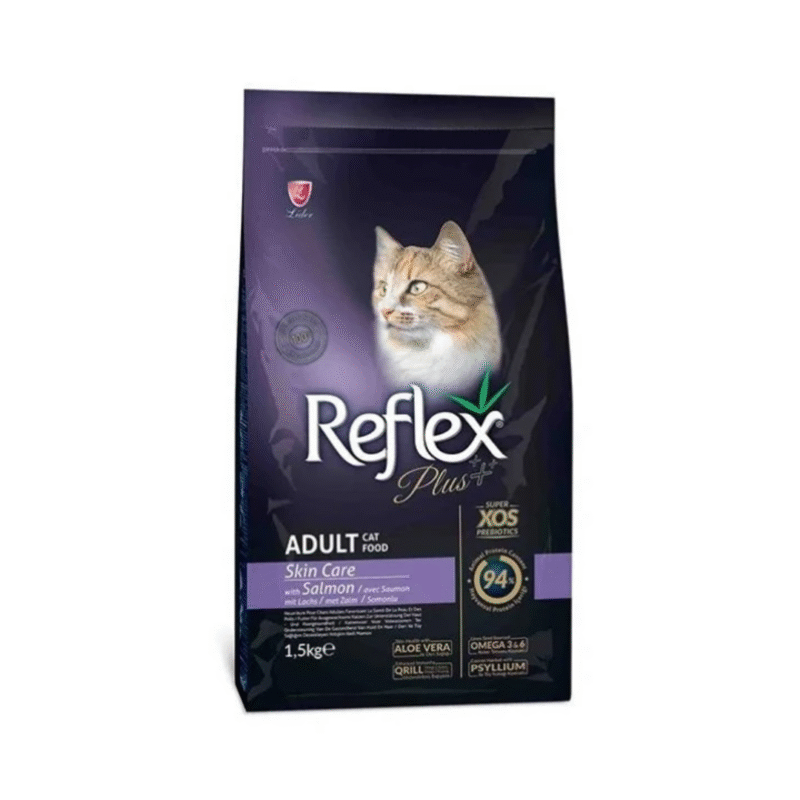 Reflex Plus Skin Care somonlu yetişkin kedi maması 1,5 kg paket, deri ve tüy sağlığı destekli premium kedi besini