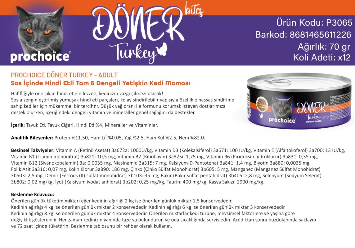 Prochoice Döner Bites Sos İçinde Hindi Etli Yetişkin Kedi Maması 70 g