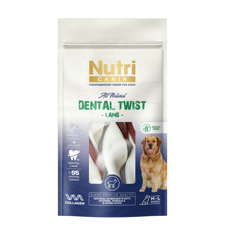 Nutri Canin Dental Twist kuzu etli köpek ödülü, orta ve büyük köpekler için 120 g diş sağlığı ödülü