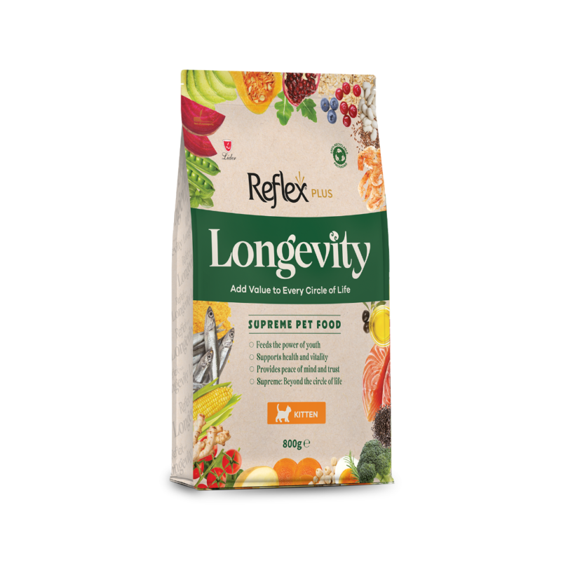 Reflex Plus Longevity hipoalerjenik yavru kedi maması 800 g, 2-12 aylık kediler için tam ve dengeli beslenme