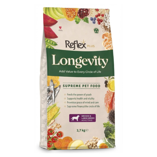 Reflex Plus Longevity orta ve b&uuml;y&uuml;k ırk yetişkin k&ouml;pek maması 2,7 kg ambalaj g&ouml;rseli