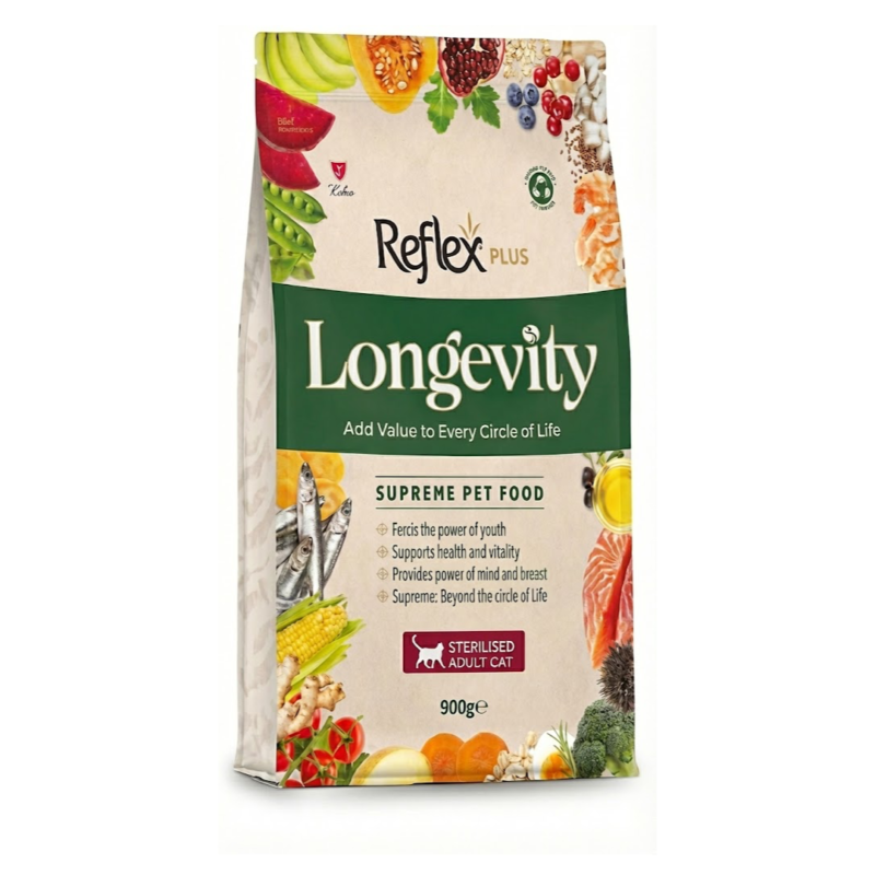 Reflex Plus Longevity 900g kısırlaştırılmış kedi maması, kilo kontrolü ve üriner sistem sağlığı için özel formül.