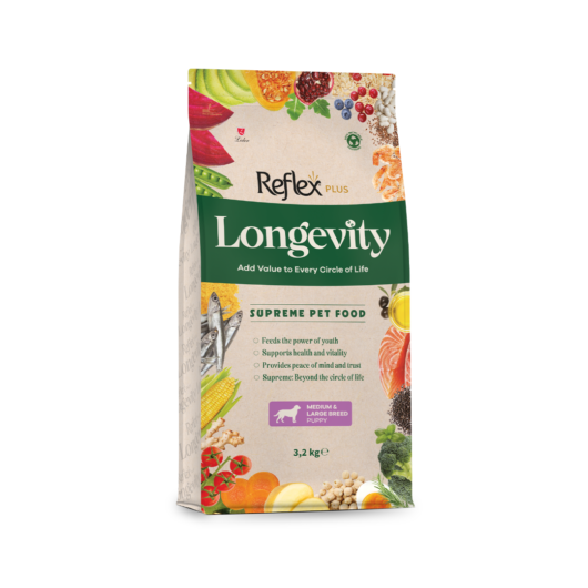 Reflex Plus Longevity 3,2 kg orta ve b&uuml;y&uuml;k ırk yavru k&ouml;pek maması, eklem sağlığı ve sindirim desteğiyle uzun &ouml;m&uuml;rl&uuml; b&uuml;y&uuml;me