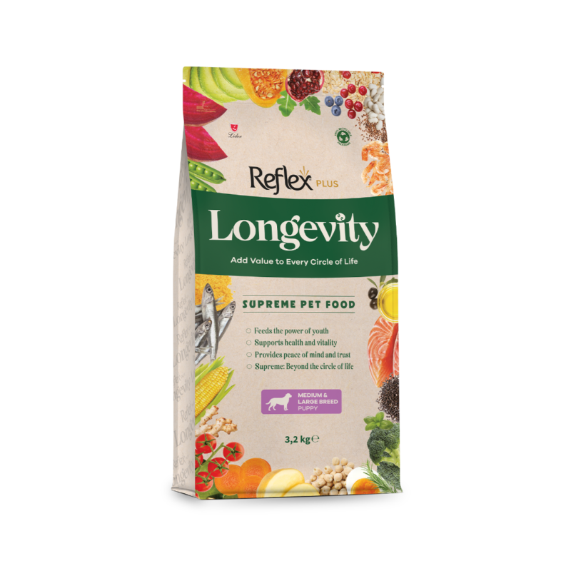 Reflex Plus Longevity 3,2 kg orta ve büyük ırk yavru köpek maması, eklem sağlığı ve sindirim desteğiyle uzun ömürlü büyüme