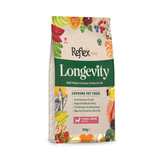 Reflex Plus Longevity XSmall 900g &ccedil;ok k&uuml;&ccedil;&uuml;k ırk yavru k&ouml;pek maması, dengeli b&uuml;y&uuml;me ve uzun &ouml;m&uuml;r form&uuml;l&uuml;
