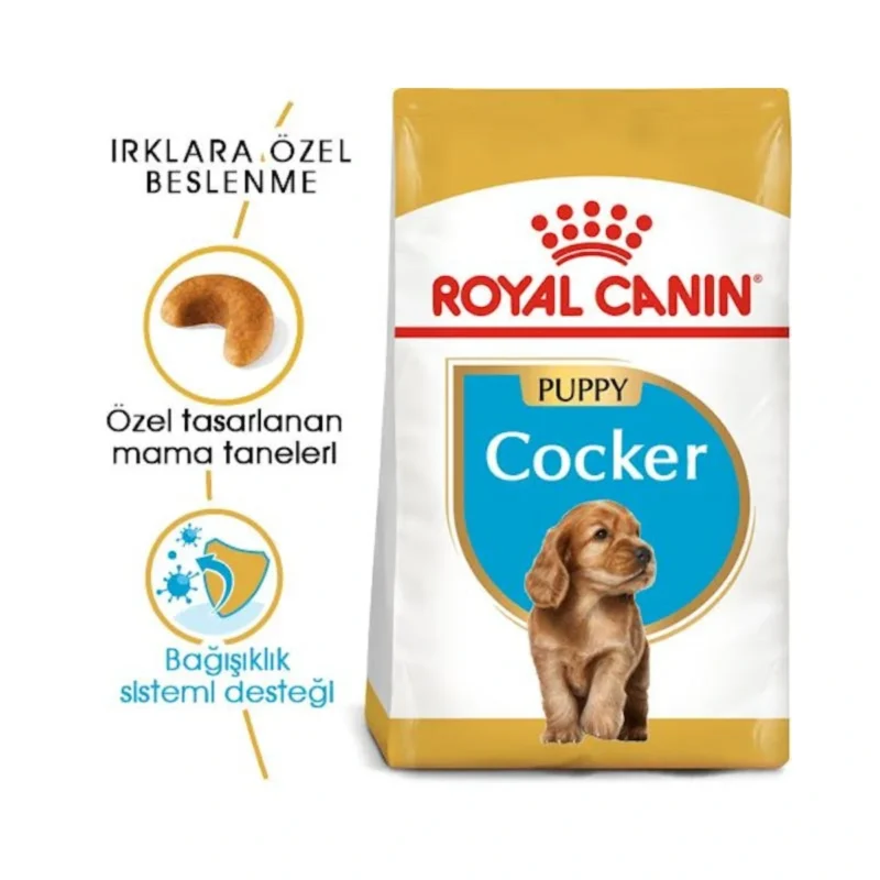 Royal Canin Cocker yavru köpek maması 3 kg ambalajının yan görünümü ve besin değerleri tablosu