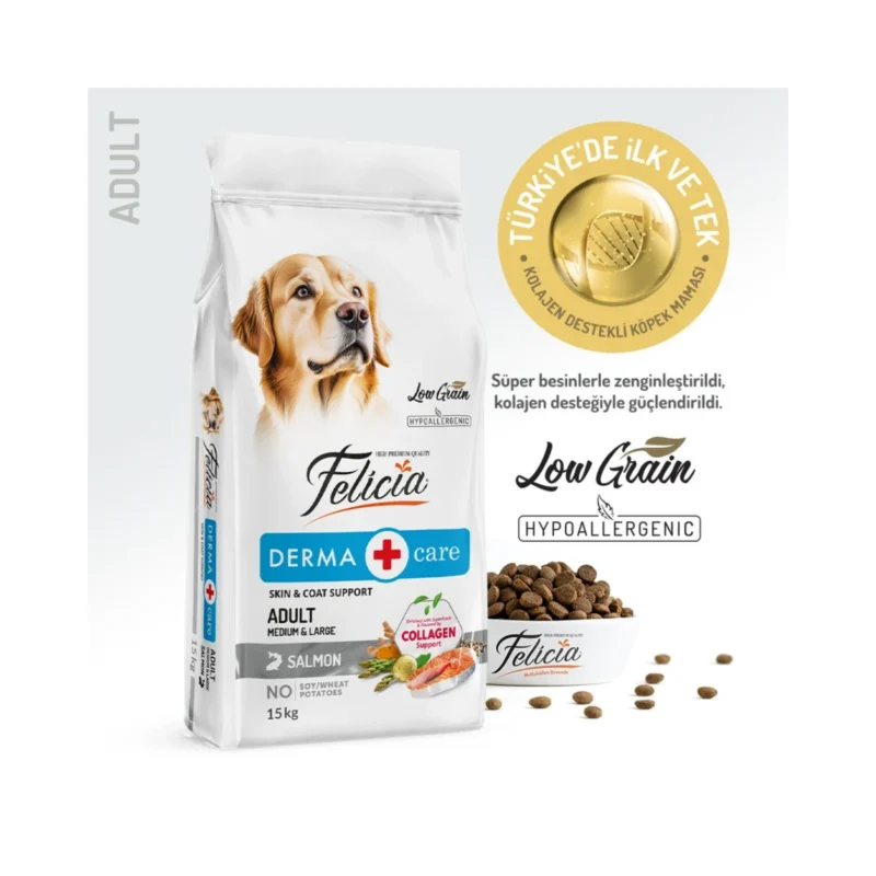 Felicia Derma Care somonlu yetişkin köpek maması 15 kg, orta ve büyük ırklar için deri sağlığı destekli formül