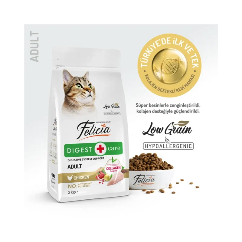 Felicia az tahıllı hypoallergenic tavuk etli yetişkin kedi maması 2 kg, sindirim sistemi destekleyici formül