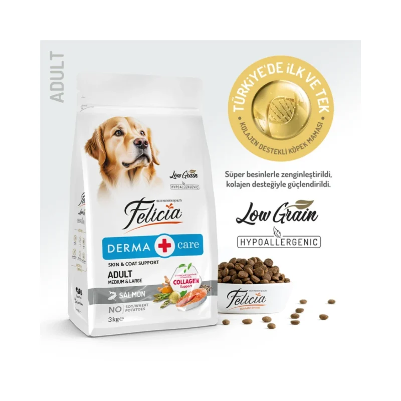 Felicia Derma Care somonlu yetişkin köpek maması 3 kg, orta ve büyük ırklar için deri sağlığı destekli formül