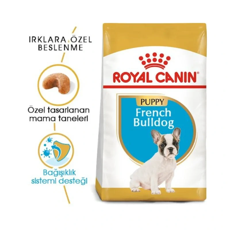 Royal Canin French Bulldog yavru köpek maması 3 kg ambalaj yan görünümü ve besin değerleri tablosu