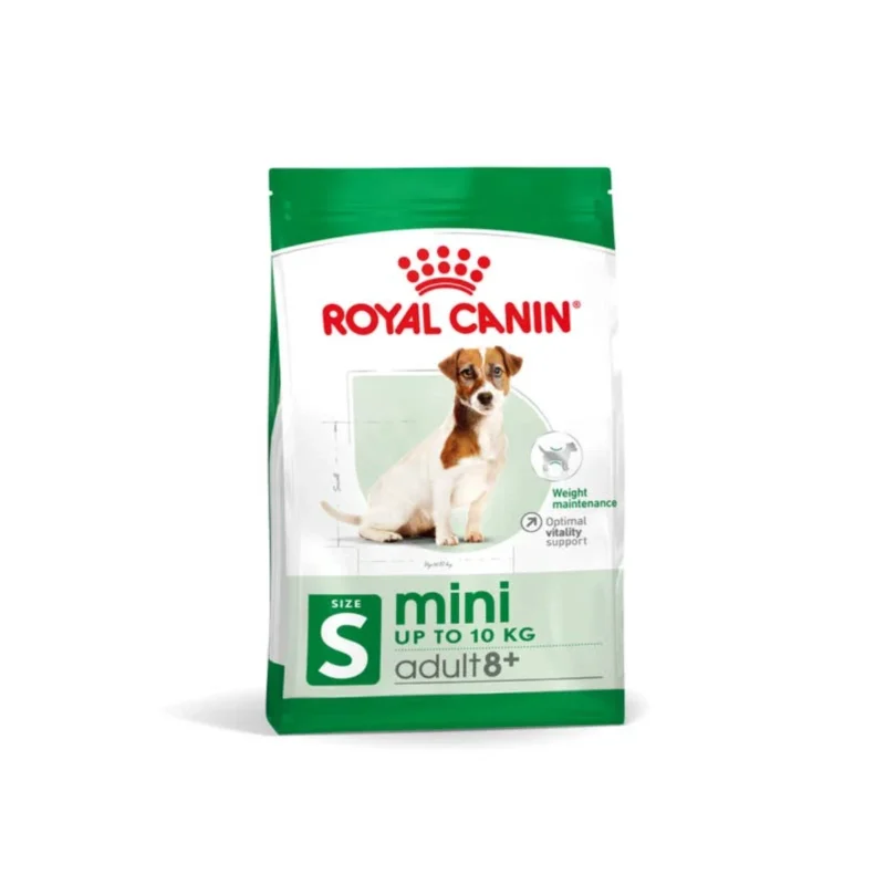 Royal Canin Mini 8+ yaşlı köpek maması 2 kg ambalaj arka yüzü besin değerleri ve içerik bilgileri