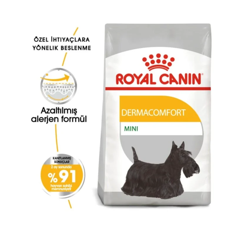 Royal Canin Mini Dermacomfort 3 kg köpek maması ambalajı yakın çekim