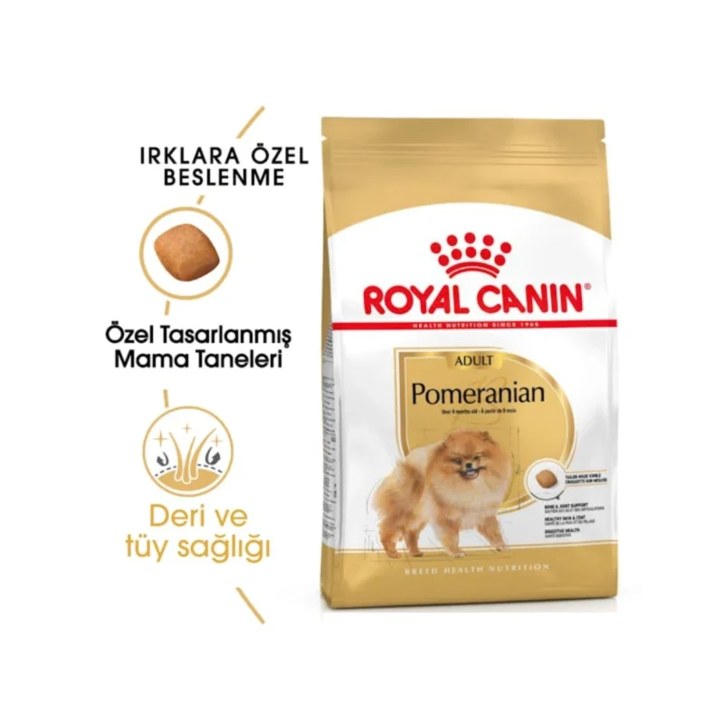 Royal Canin Pomeranian Yetişkin Köpek Maması 1,5 kg ambalajının arka yüzü ve besin değerleri