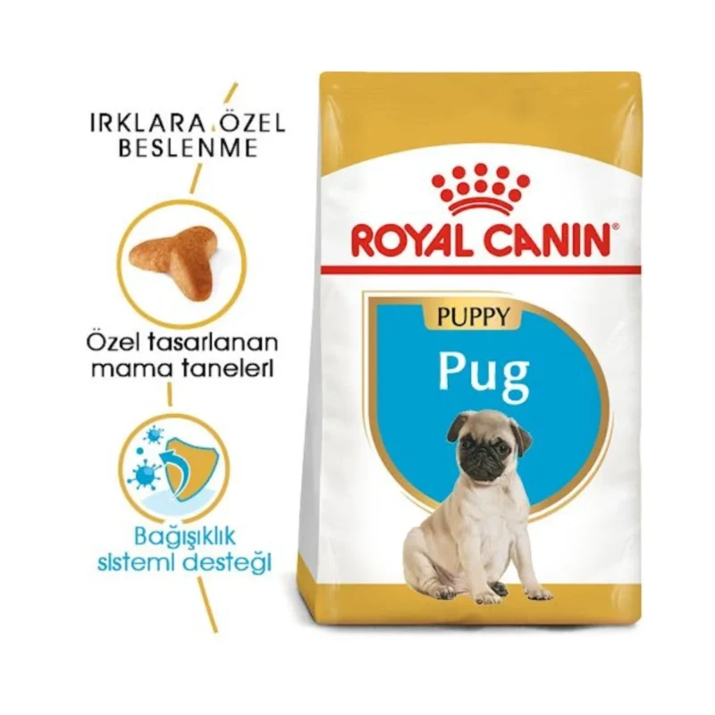 Royal Canin Pug yavru köpek maması 1,5 kg yakın plan ambalaj görünümü