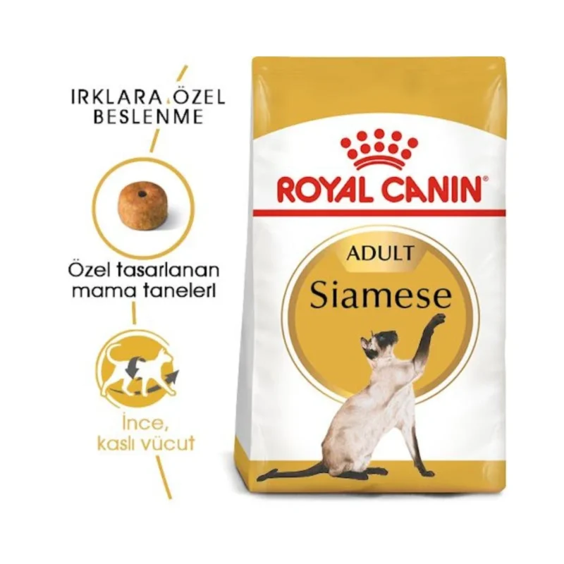 Royal Canin Siamese yetişkin kedi maması 2 kg ambalajının arka yüzü ve besin değerleri tablosu