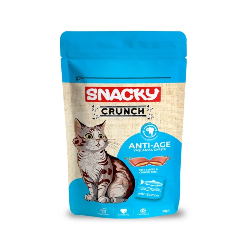 Snacky Crunch Anti Age Somonlu Yetişkin Kedi Bisküvisi 60g, Omega 3 ve Taurin ile yaşlanma karşıtı destek