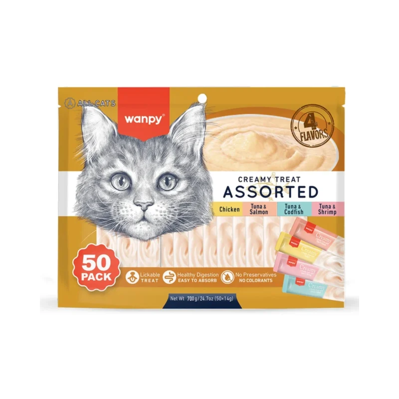 Wanpy Karışık 4 Lezzetli Krema Kedi Ödülü, 50 adet 14g'lık pratik krema atıştırmalık paketi