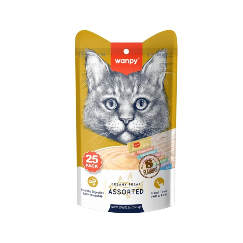 Wanpy Karışık 8 Lezzetli Krema Kedi Ödülü, 25 adet 14g'lık tekli paket, çeşitli aromalı sıkılabilir krem ödül