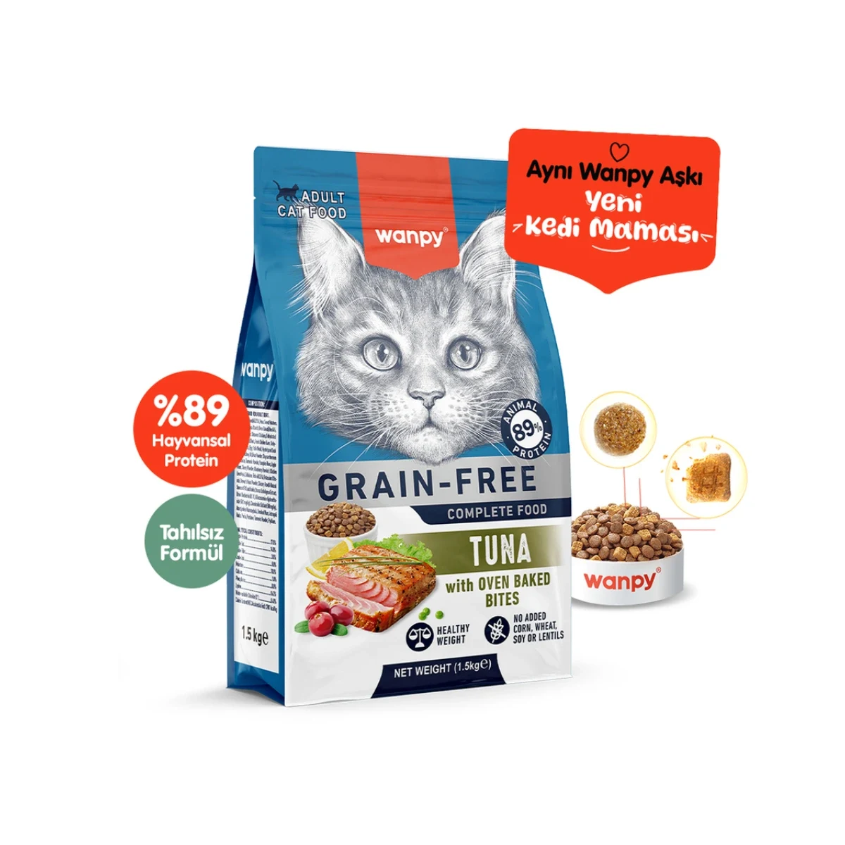 Wanpy Tahılsız Ton Balıklı Yetişkin Kedi Maması 1,5 kg Kedi Wanpy Tahılsız Ton Balıklı Yetişkin Kedi Maması 1,5 kg - Doğal içerikli, tahılsız premium kedi besini