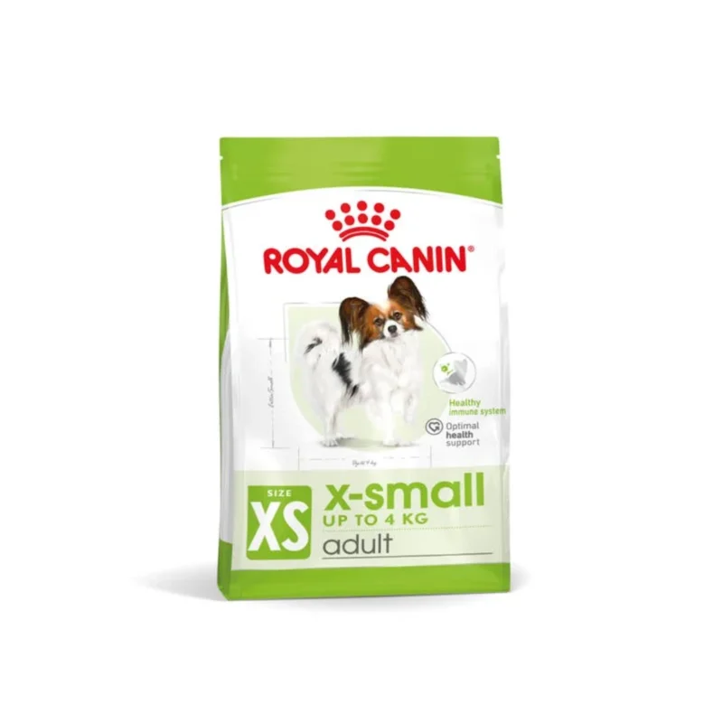 Royal Canin Xsmall yetişkin köpek maması 1,5 kg ambalaj yan görünümü ve besin değerleri tablosu