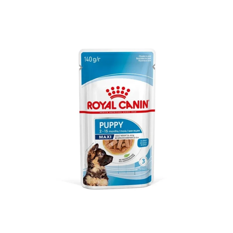 Royal Canin Maxi Puppy Gravy 140g yavru köpek yaş maması, büyük ırk köpek yavruları için soslu konserve