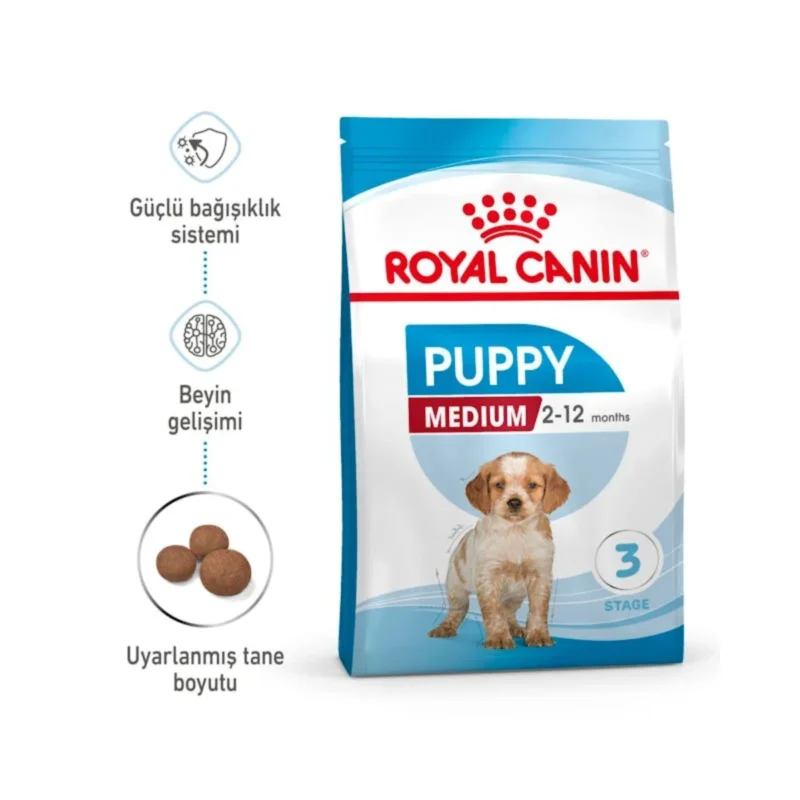Royal Canin Medium yavru köpek maması 4 kg ambalajının arka yüzü ve besin değerleri tablosu