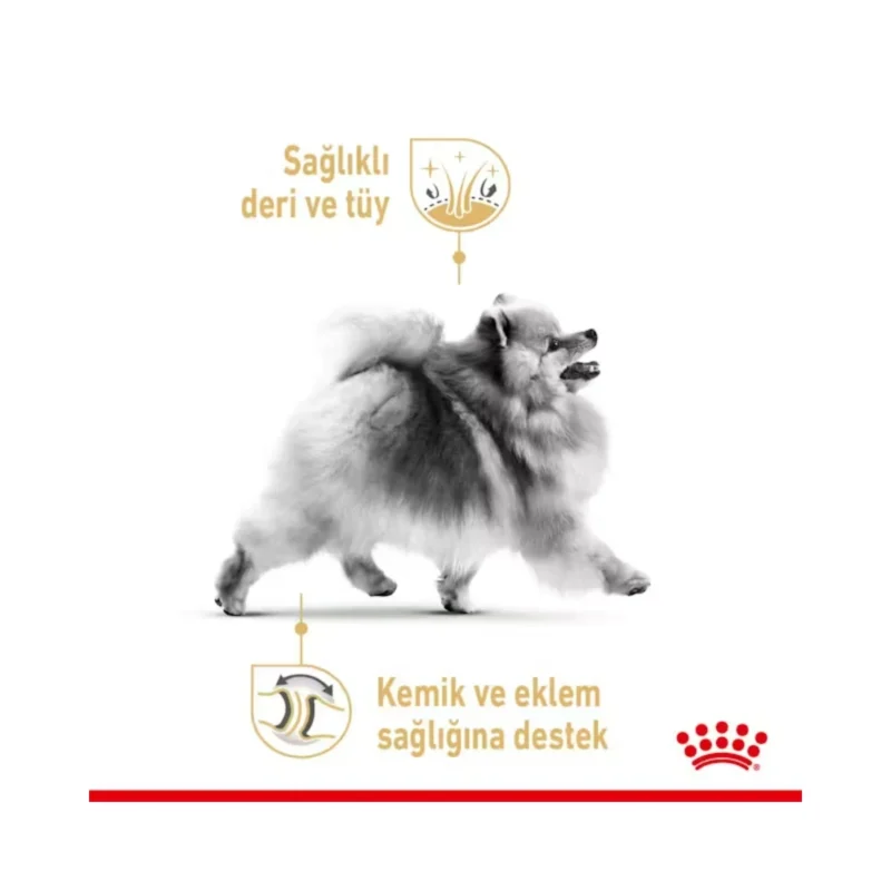 Royal Canin Pomeranian 3 kg köpek maması ambalajının arka yüzü, besin değerleri ve içerik bilgileri