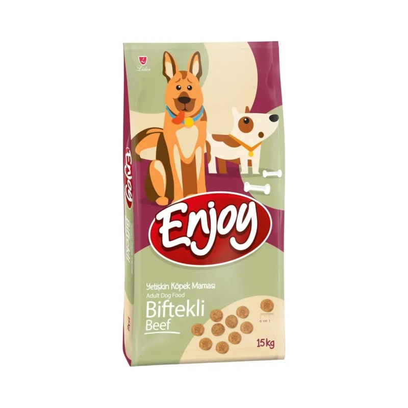 Enjoy Biftekli Yetişkin Köpek Maması 15 kg – Bağışıklık, diş sağlığı ve parlak tüyler için glütensiz formül