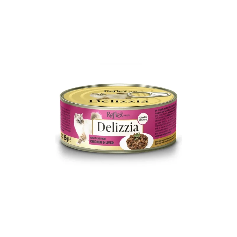Reflex Plus Delizzia tavuklu ciğerli parça etli yaş kedi maması 85g, yetişkin kediler için lezzetli ve besleyici.