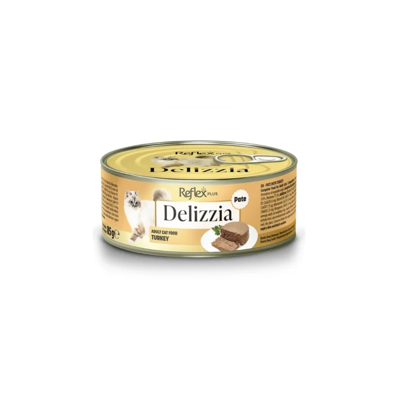 Reflex Plus Delizzia kıyılmış hindili kedi maması 85 g, tahılsız ve doğal içerikli yaş mama