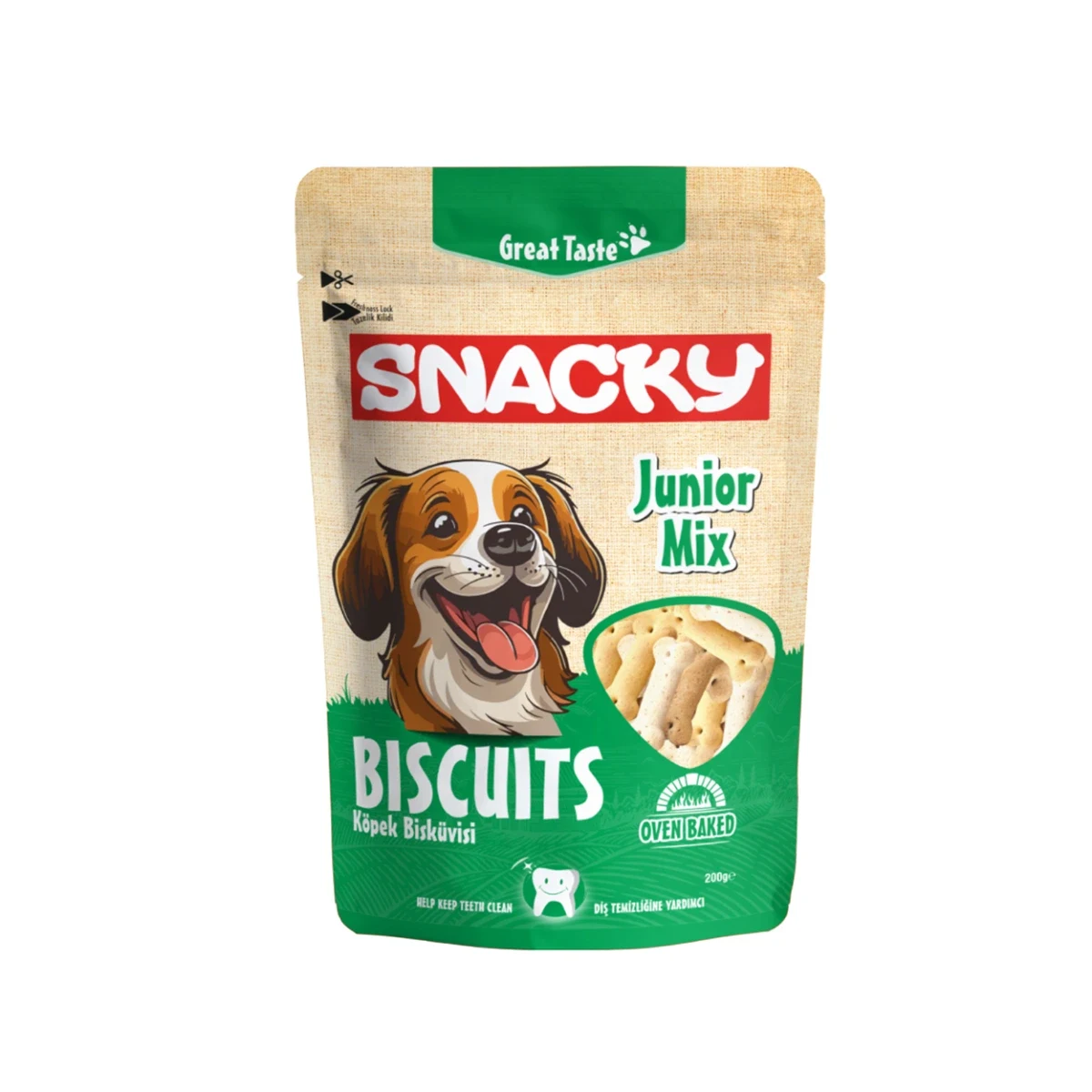 Snacky Bisküvi Junior Mix 200 g Köpek Snacky Bisküvi Junior Mix 200g - Köpekler için fırında pişmiş, diş sağlığını destekleyen bisküvi