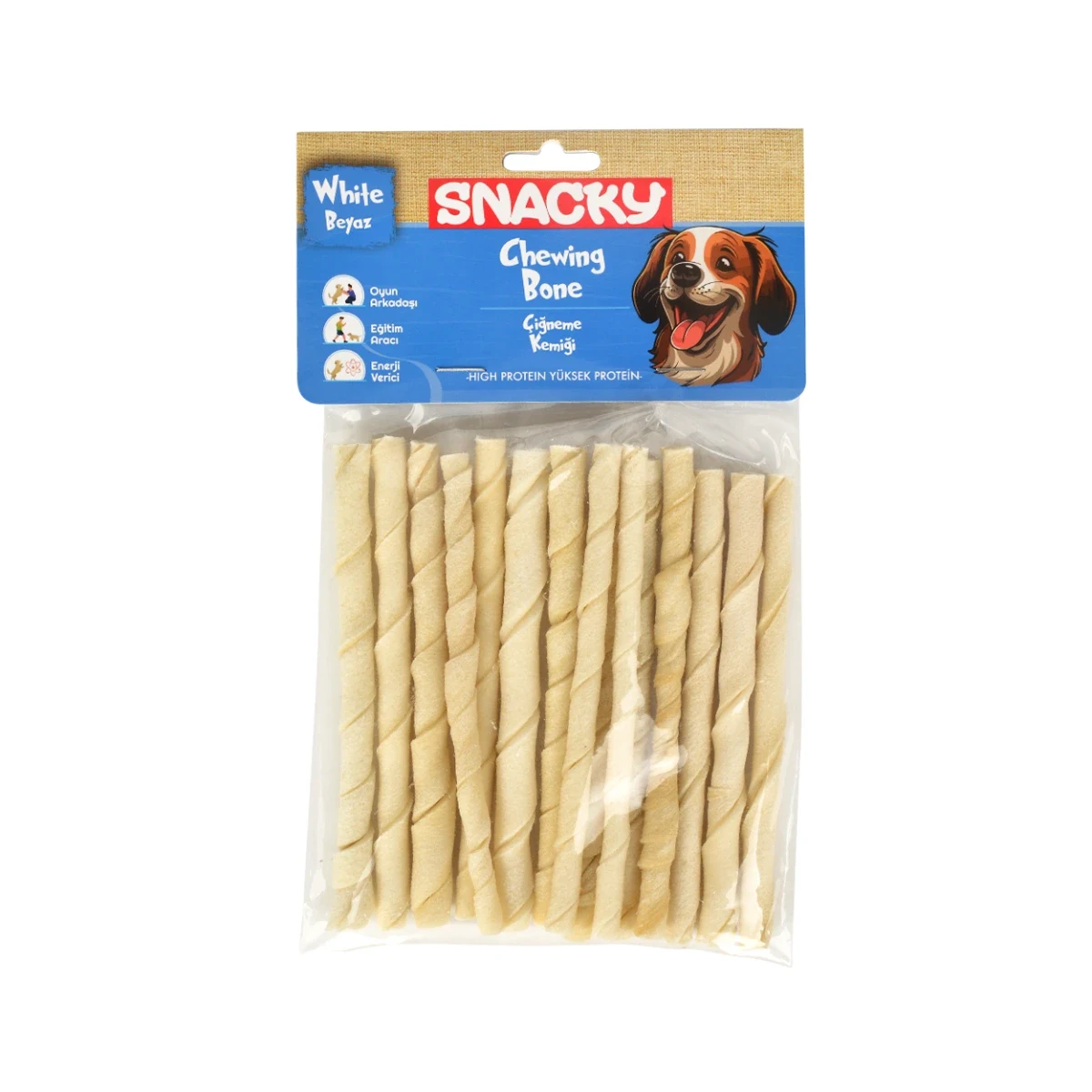 Snacky Köpekler İçin Çiğneme Kemiği 15’li Köpek Snacky köpekler için çiğneme kemiği 15'li paket, evcil köpekler için doğal ve lezzetli atıştırmalık ikram