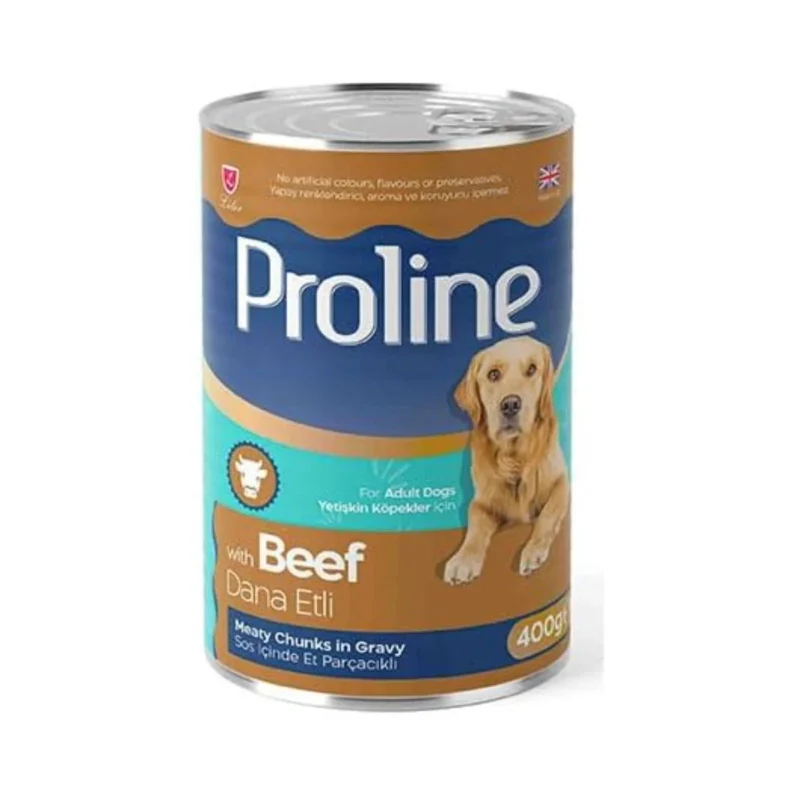 Proline dana etli yetişkin köpek maması 400g, sos içinde et parçacıklarıyla protein ve vitamin destekli konserve mama.