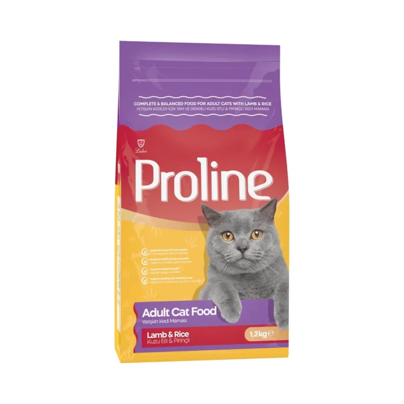 Proline kuzu etli ve pirinçli yetişkin kedi maması 1,2 kg paket ön görünümü